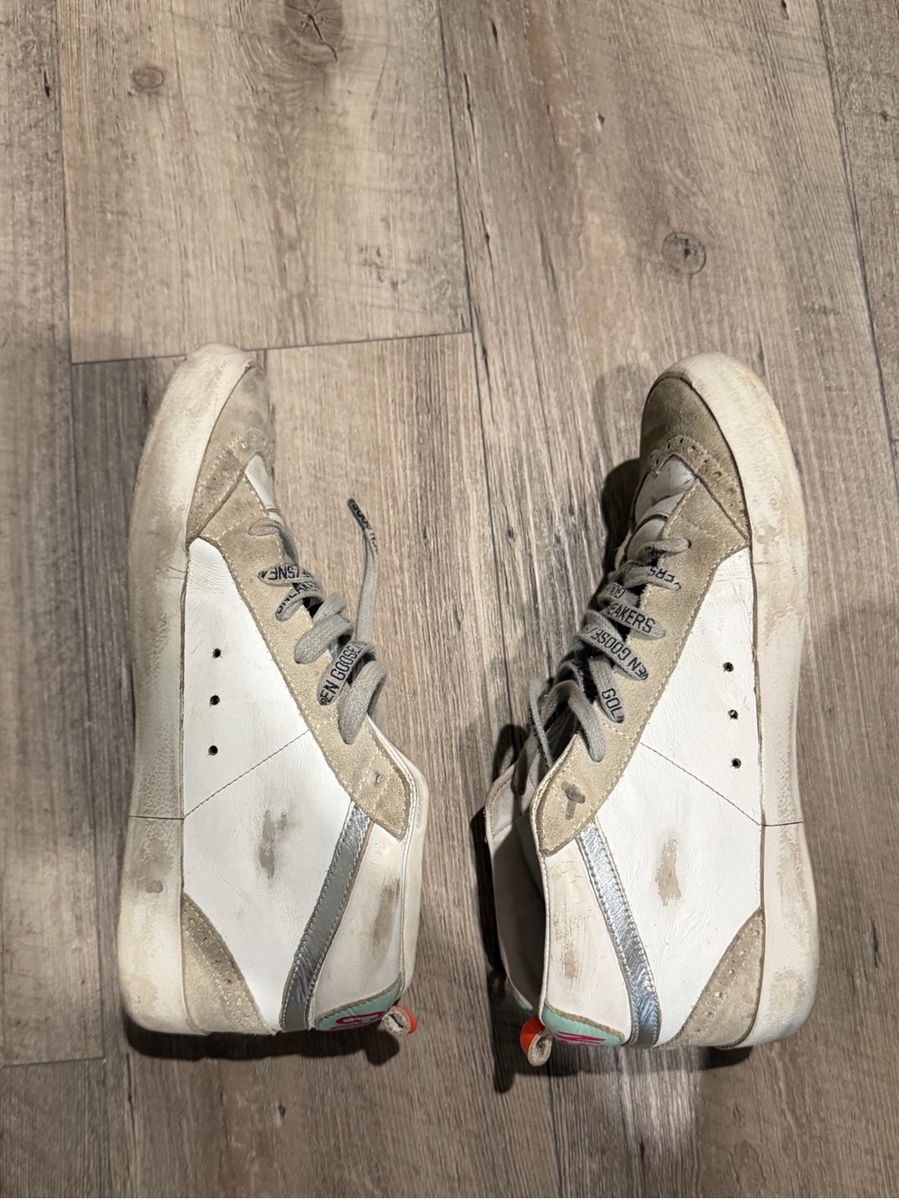 Golden Goose White Sneakers with Silver, Mint and Orange Accents - Picture 8 of 11